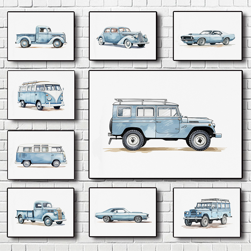 Lighting Decor Ideas - Classic Light Blue Car Vehicle Watercolor