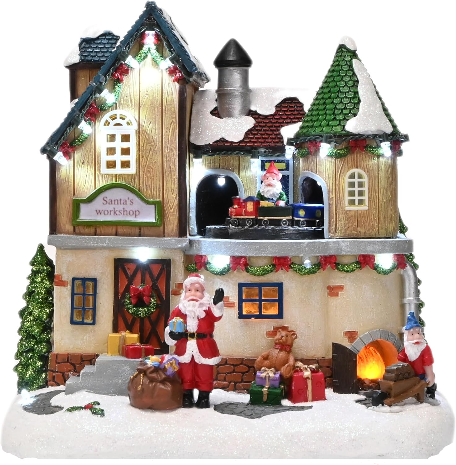 Lighting Table Decor - Christmas Village Lighted Santa's Workshop Figurine,